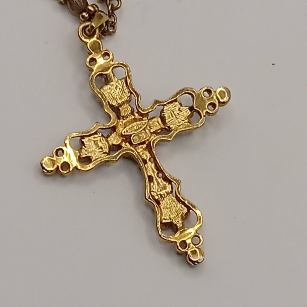 Blue Crystal Embellished CROSS Gold Tone Pendant Beaded Necklace - Picture 3 of 9